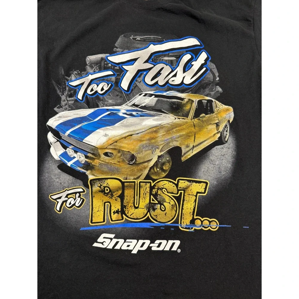 Snap-on Too Fast For Rust Graphic T-Shirt Mens XL Black Muscle Car Gildan Cotton